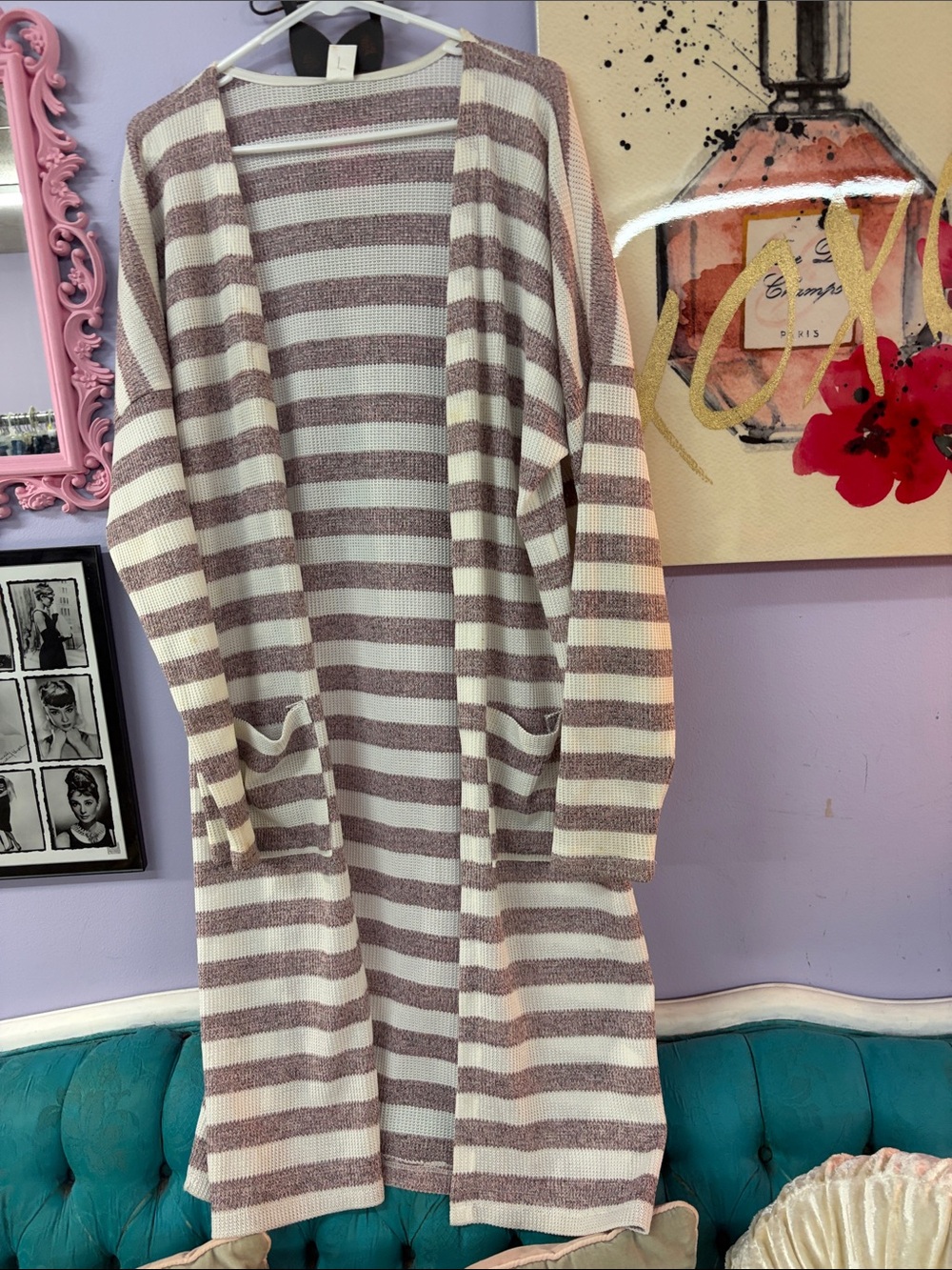 Striped Open-Front Long Cardigan Sweater - Cream & Mauve